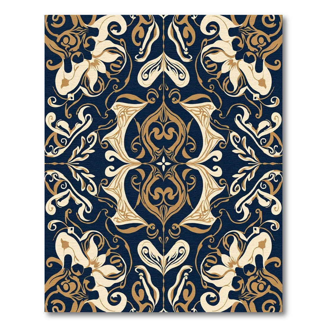 Navy Gold Floral Scroll Court Rug