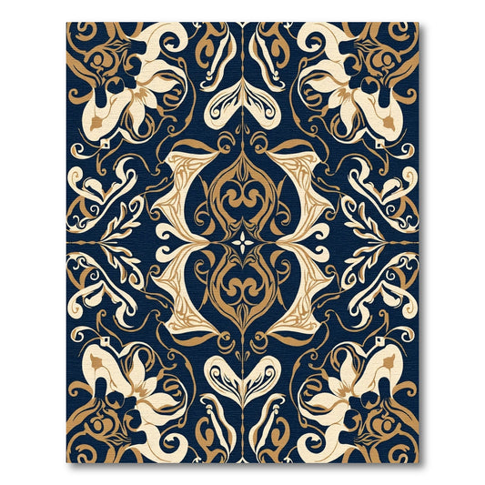 Navy Gold Floral Scroll Court Rug