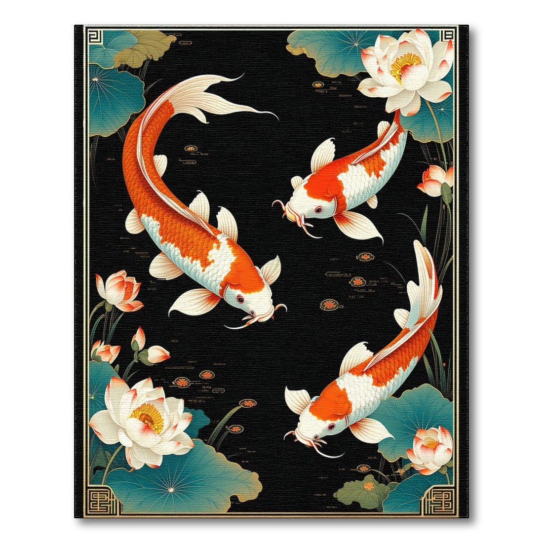 Multi-color and Patterns Koi Fish Lotus Black Area Rug