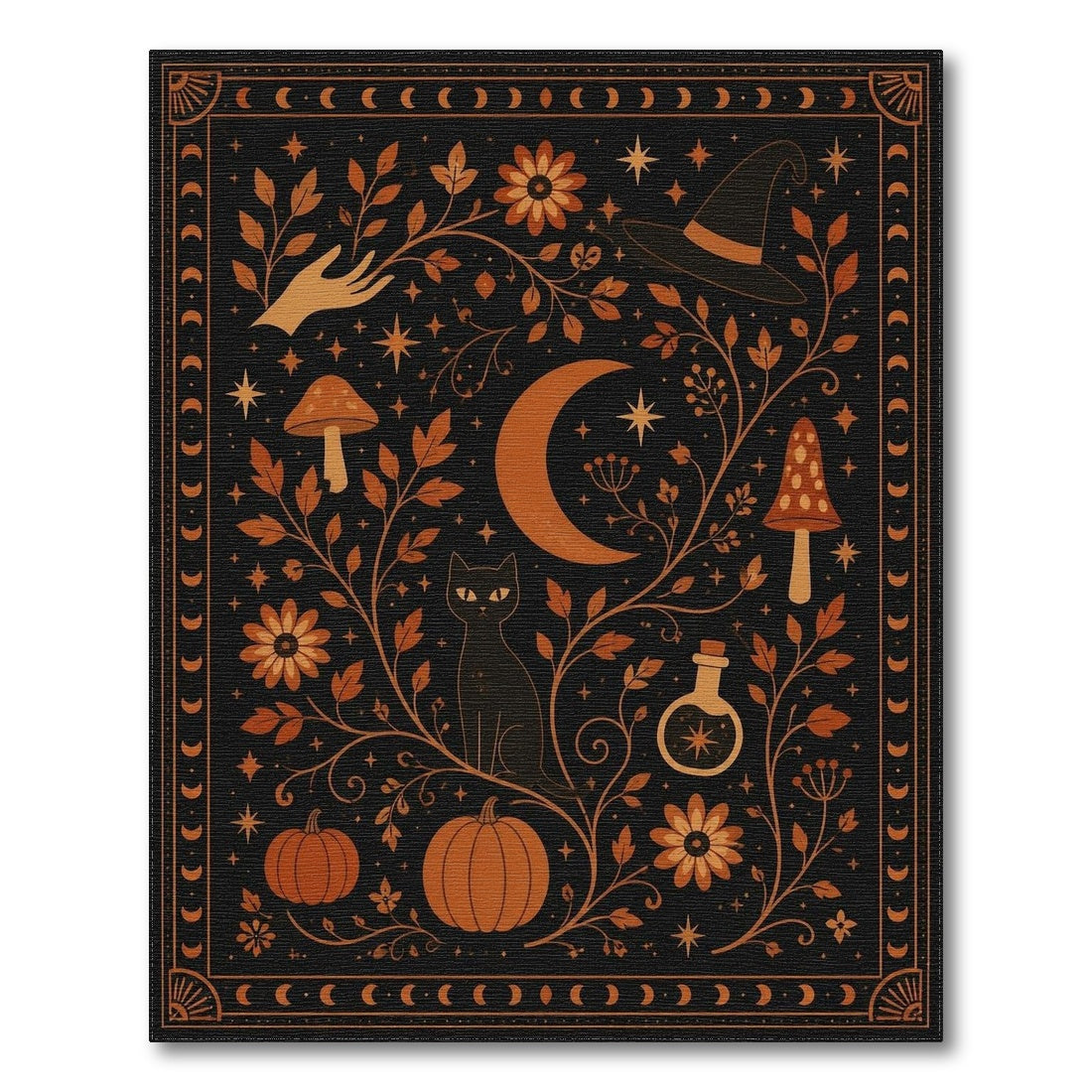 Orange Mystical Black Cat Moon Area Rug