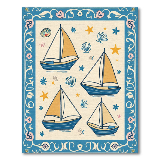 Nautical Sailboats Blue Yellow Cream Rug