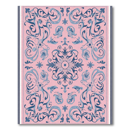Pink Blue Floral Scroll Overlay Rug