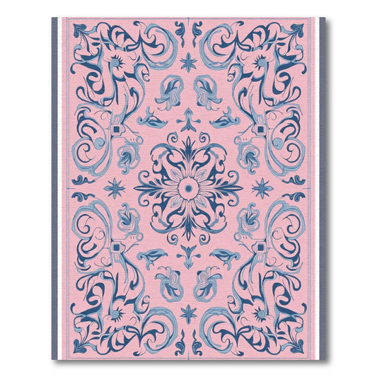 Pink Blue Floral Scroll Overlay Rug