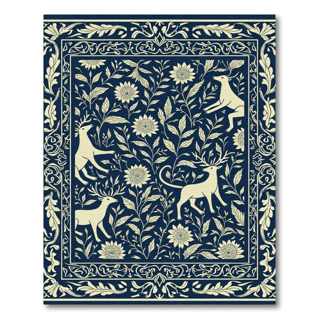 Navy Cream Deer Floral Garden Rug