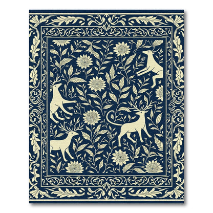 Navy Cream Deer Floral Garden Rug
