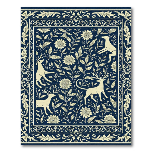 Navy Cream Deer Floral Garden Rug