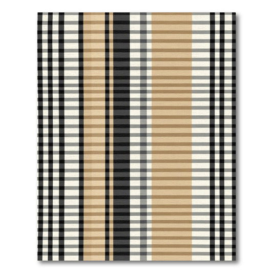 Tan Black White Plaid Stripe Rug
