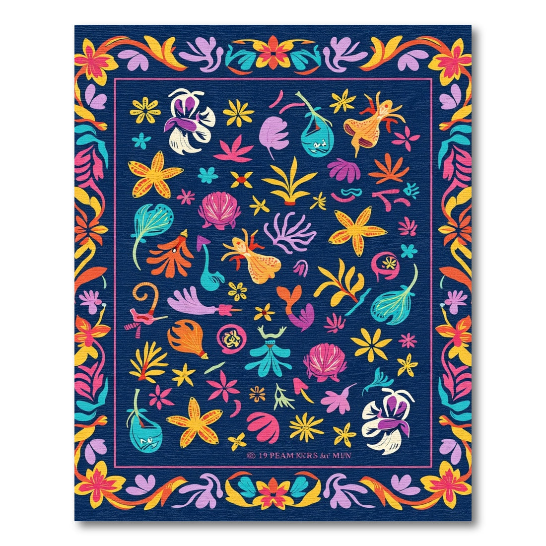 Whimsical Navy Aquatic Flower Collage Rug