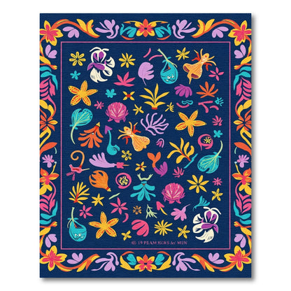 Whimsical Navy Aquatic Flower Collage Rug