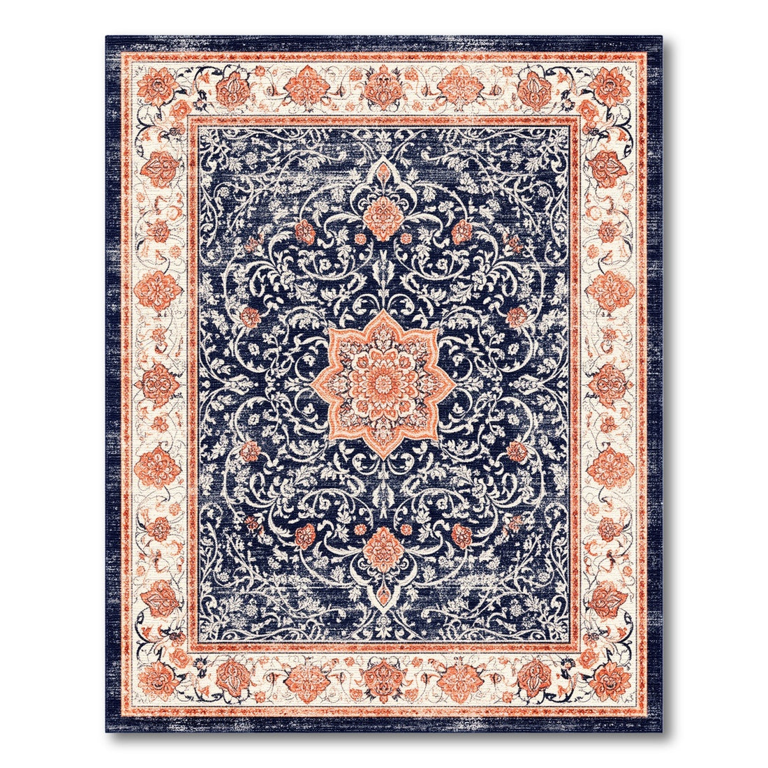 Navy Floral Medallion Vintage Area Rug