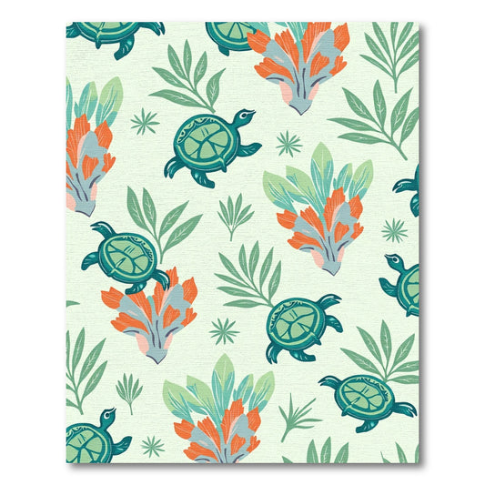 Teal Turtle Coral Leaf Arrangement Rug