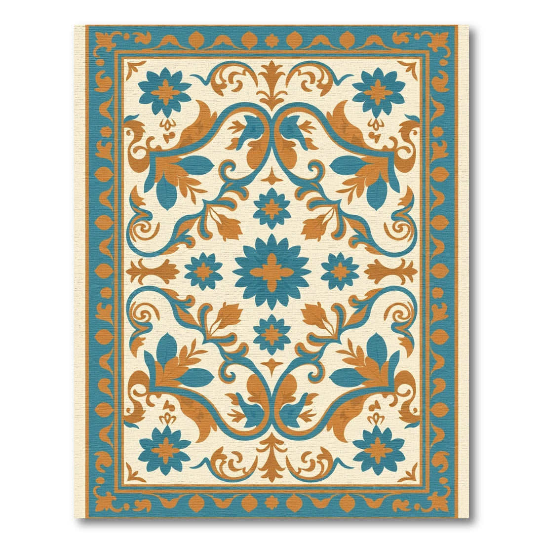 Aqua Orange Floral Medallion Scroll Rug