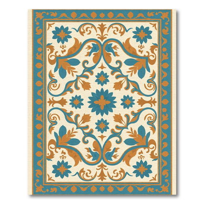 Aqua Orange Floral Medallion Scroll Rug