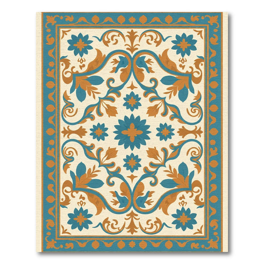 Aqua Orange Floral Medallion Scroll Rug