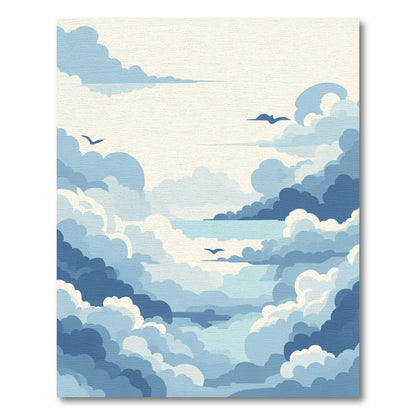 Serene Blue Cloudscape with Birds Rug