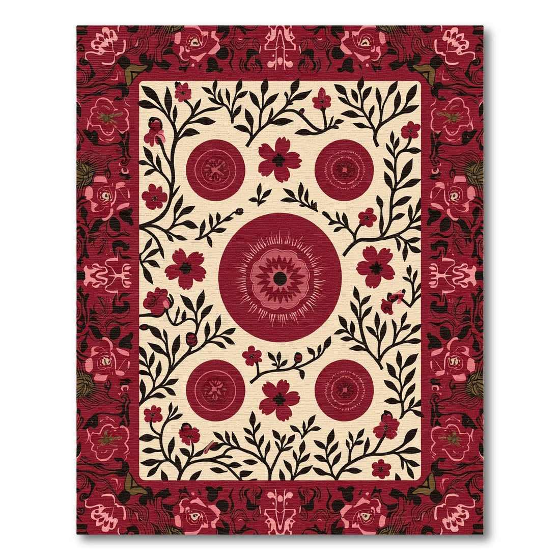 Crimson Floral Medallion Botanical Rug