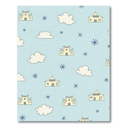 Soft Yellow Adobe Houses Sky Blue Rug