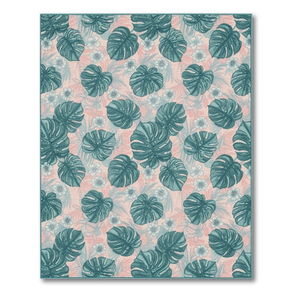 Pink Teal Monstera Washable Area Rug