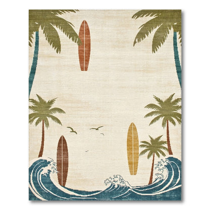 Coastal Beach Palm Tree Surfboard Beige Area Rug