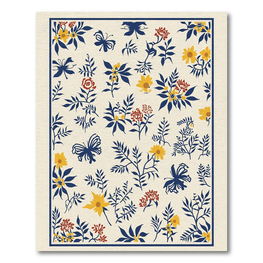 Navy Blue Floral Butterfly Composition Rug