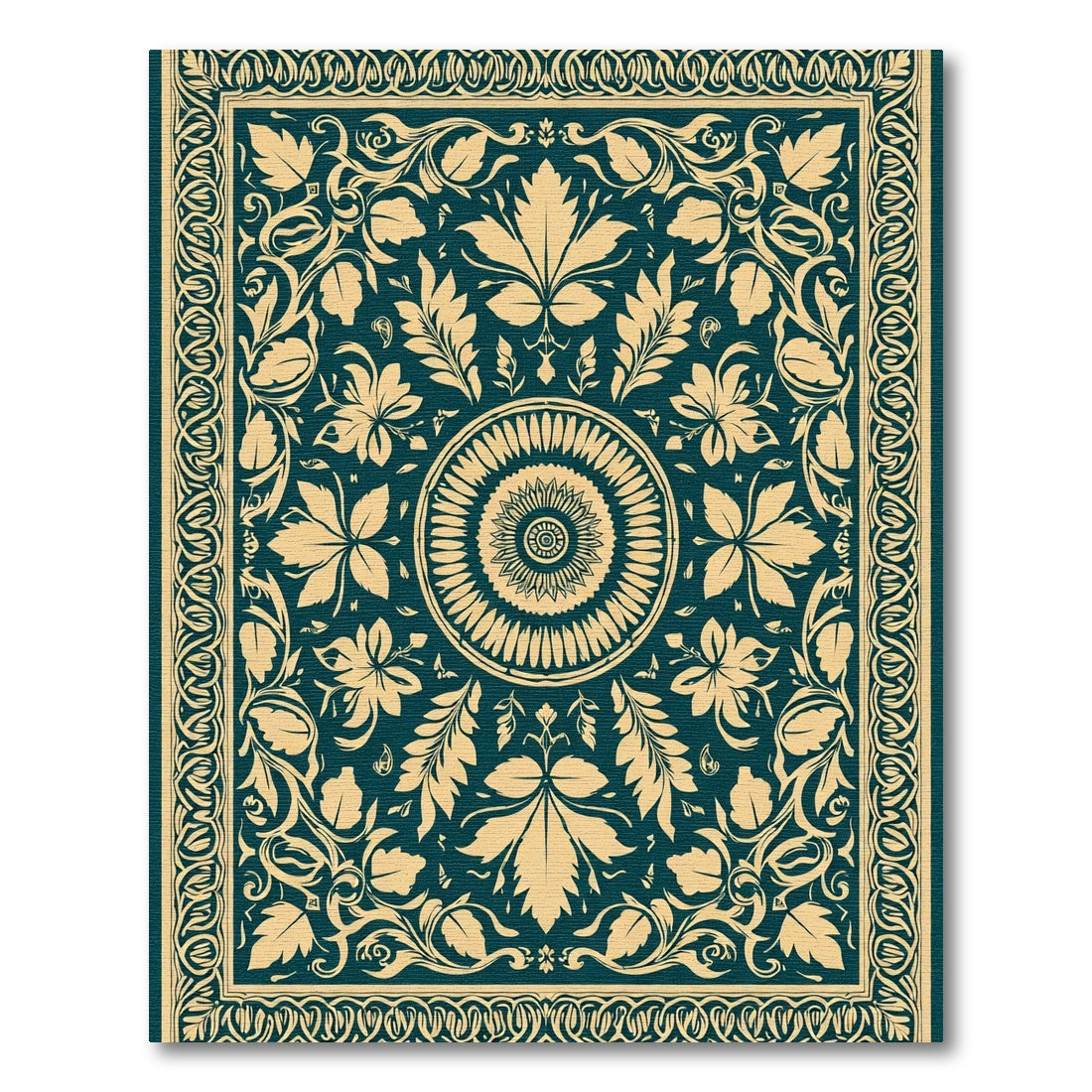 Deep Teal Floral Medallion Border Rug