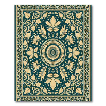 Deep Teal Floral Medallion Border Rug