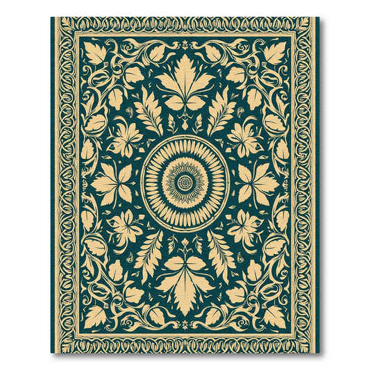 Deep Teal Floral Medallion Border Rug
