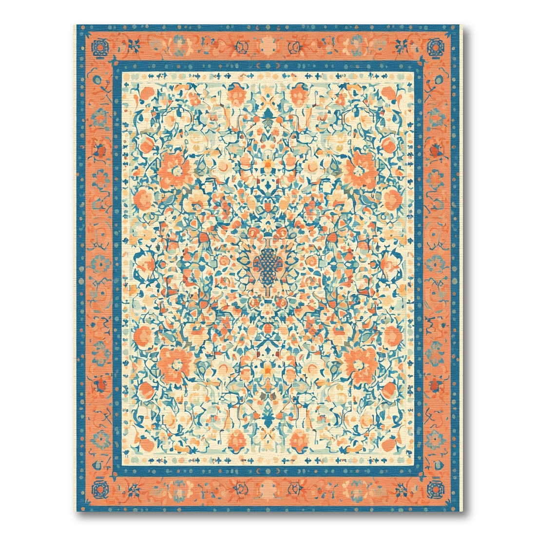 Coral Blue Ivory Floral Garden Rug