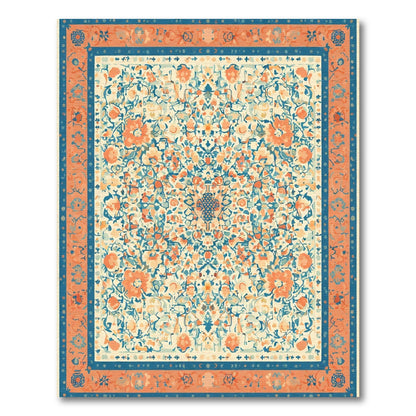 Coral Blue Ivory Floral Garden Rug