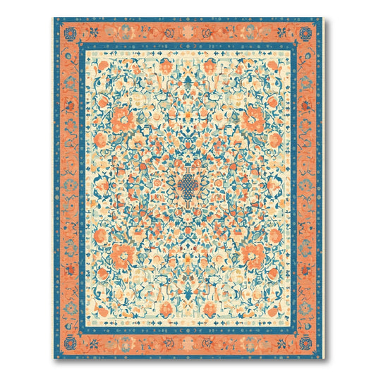 Coral Blue Ivory Floral Garden Rug