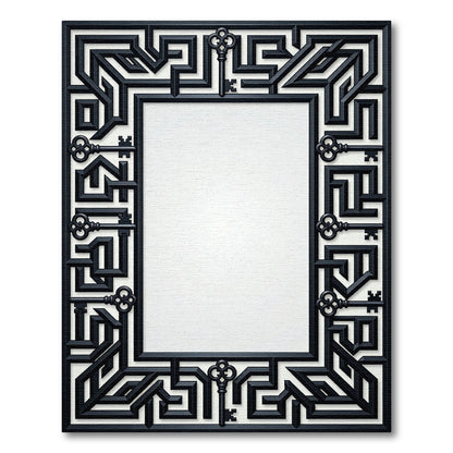 Black Maze Keys Geometric Border Rug