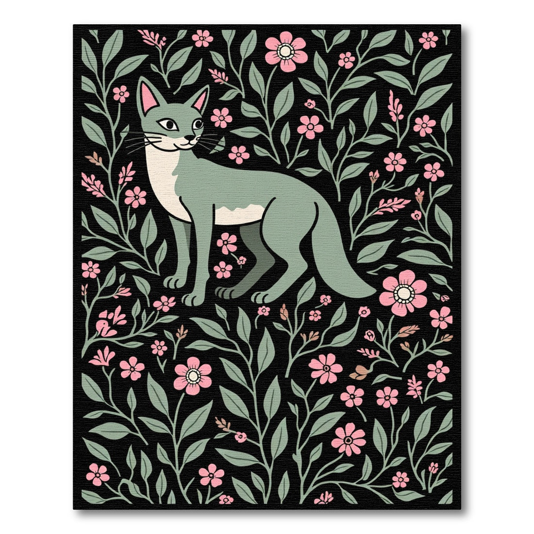 Sage Cat Pink Floral Garden Rug