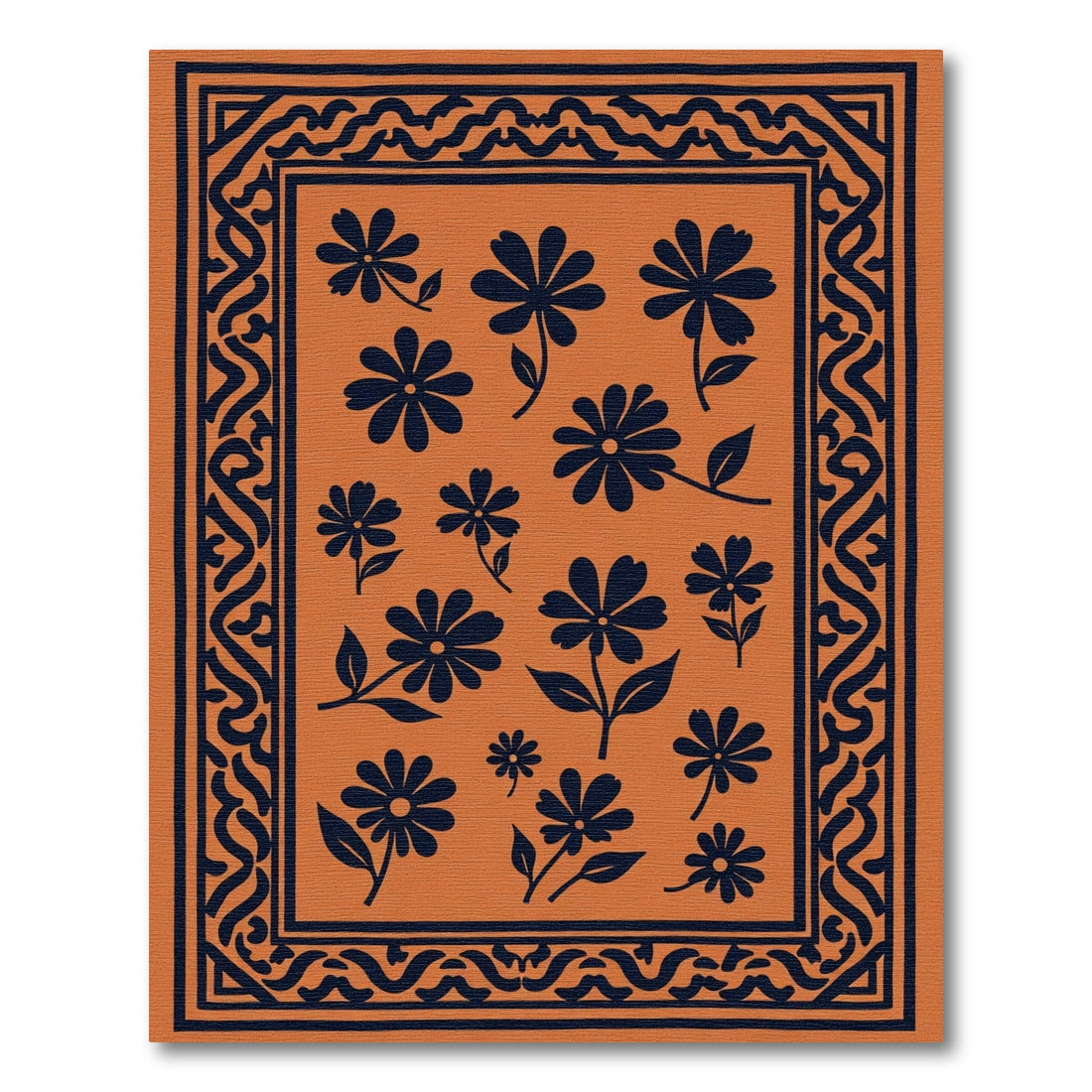 Orange Dark Blue Floral Medallion Rug