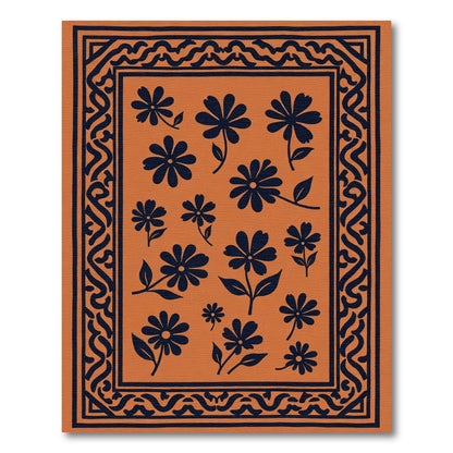 Orange Dark Blue Floral Medallion Rug