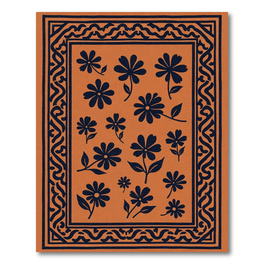 Orange Dark Blue Floral Medallion Rug