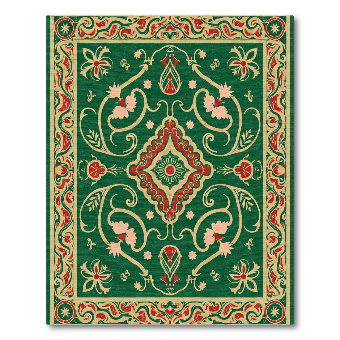 Ornate Green Red Foliage Medallion Rug