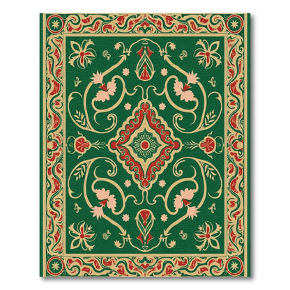 Ornate Green Red Foliage Medallion Rug