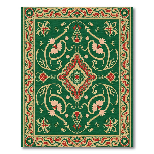 Ornate Green Red Foliage Medallion Rug