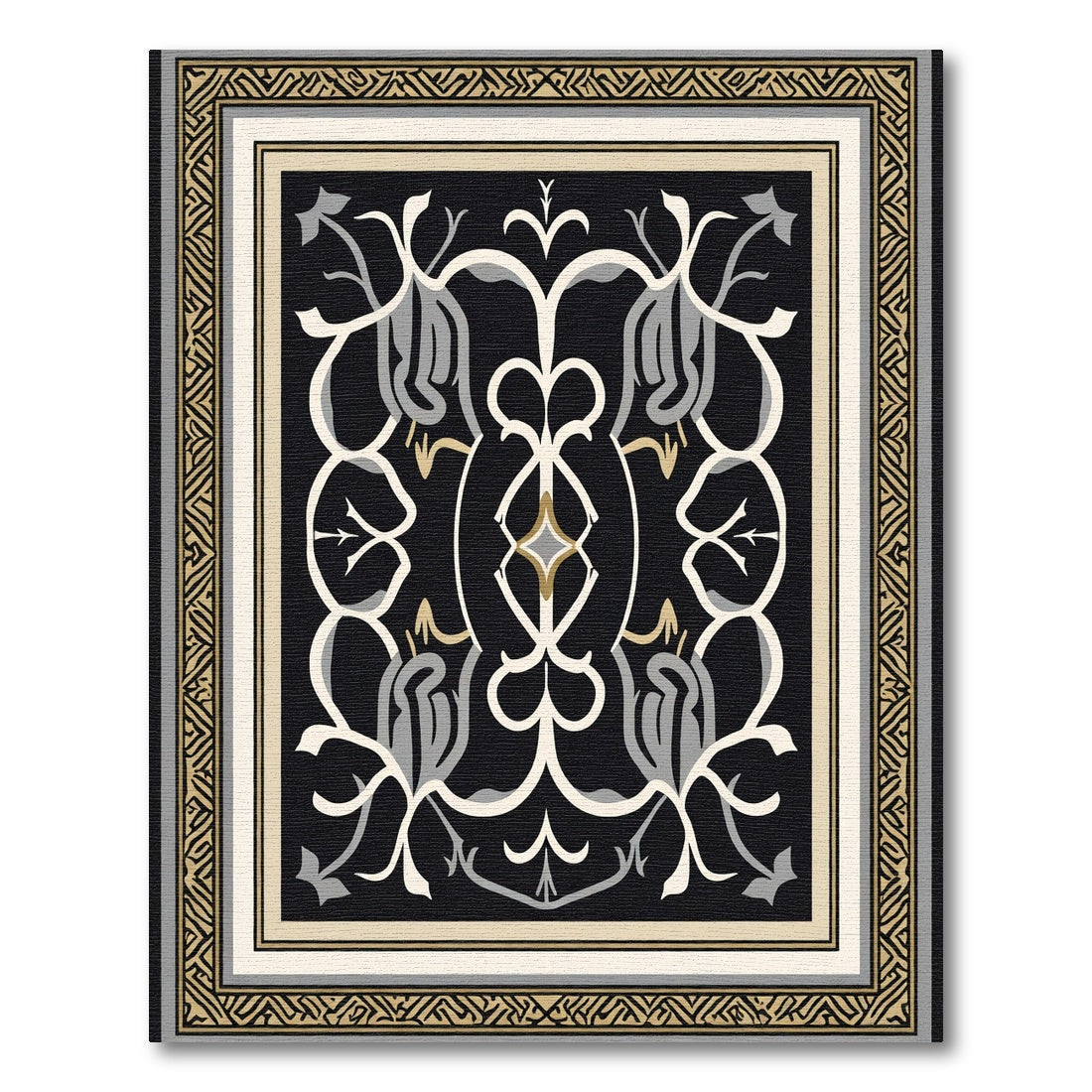 Black Cream Golden Arabesque Scroll Rug