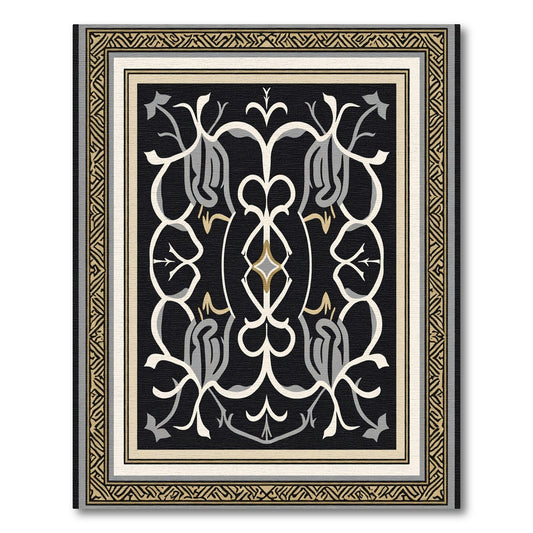 Black Cream Golden Arabesque Scroll Rug