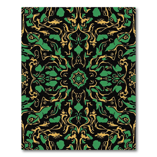 Golden Green Abstract Floral Symmetry Rug