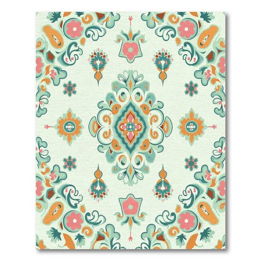 Soft Teal Pink Orange Floral Damask Rug