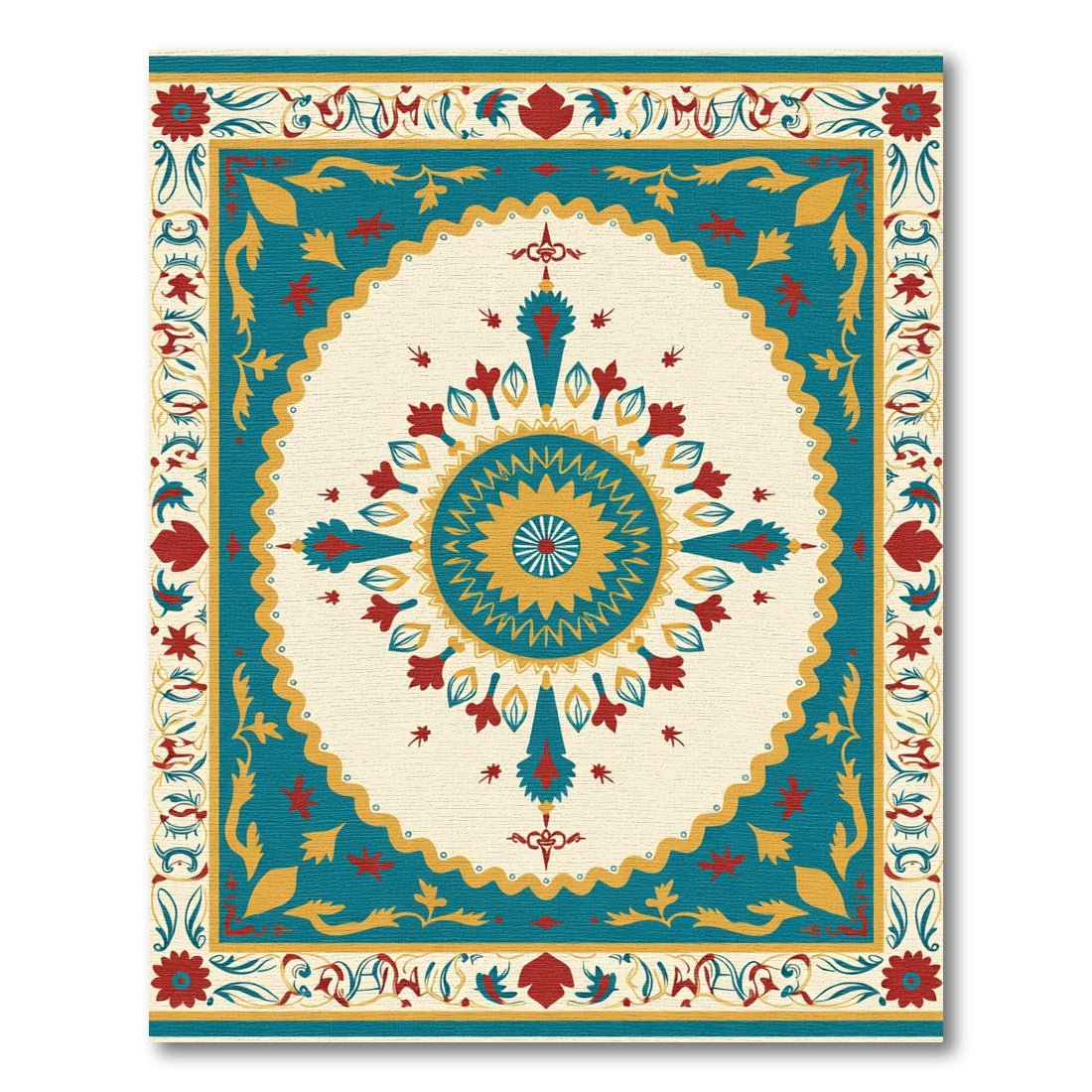 Teal Gold Red Floral Medallion Border Rug
