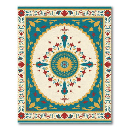 Teal Gold Red Floral Medallion Border Rug