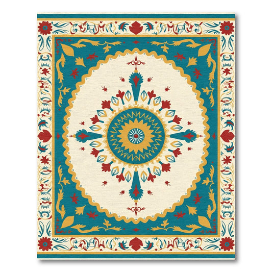 Teal Gold Red Floral Medallion Border Rug