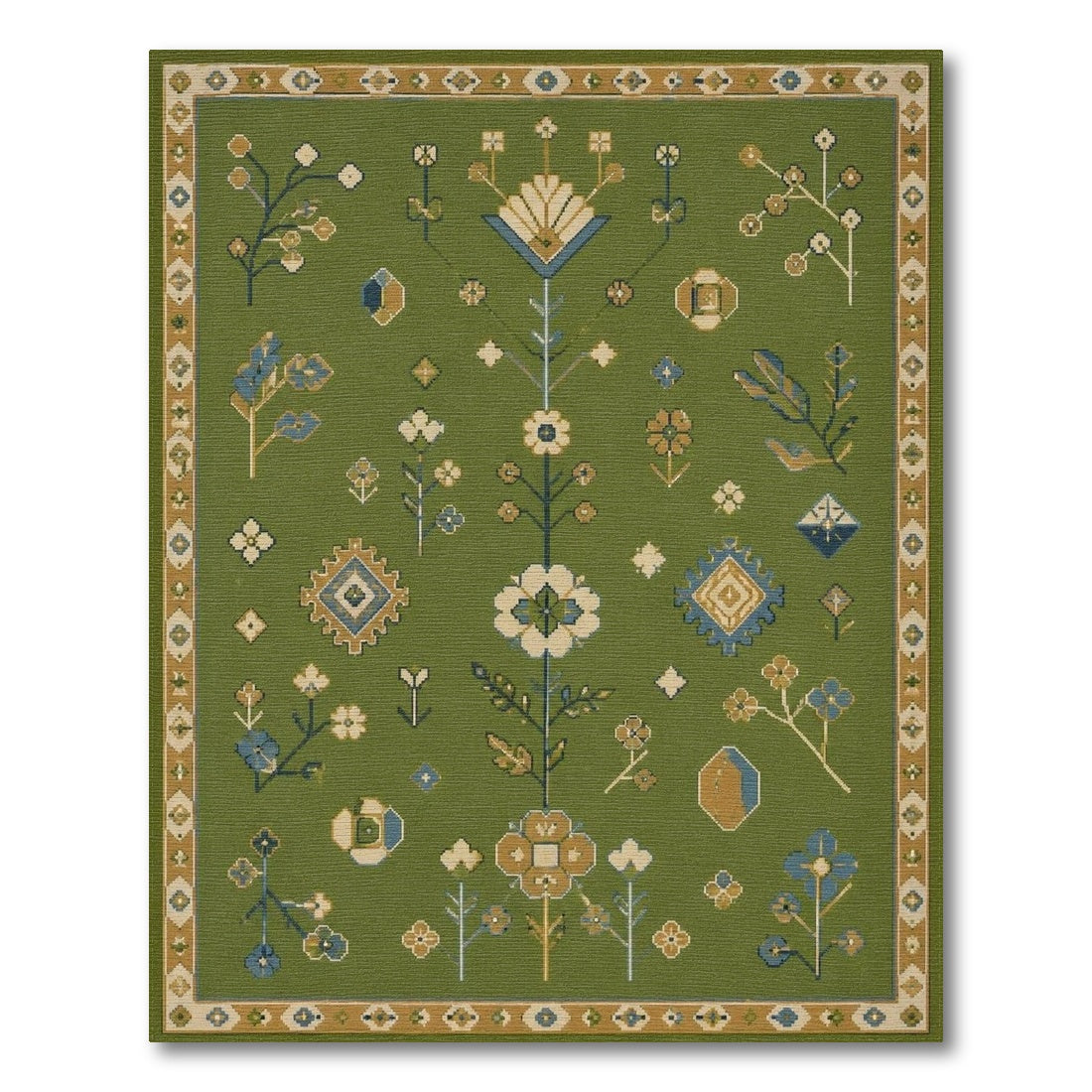 Green Floral Vintage Area Rug