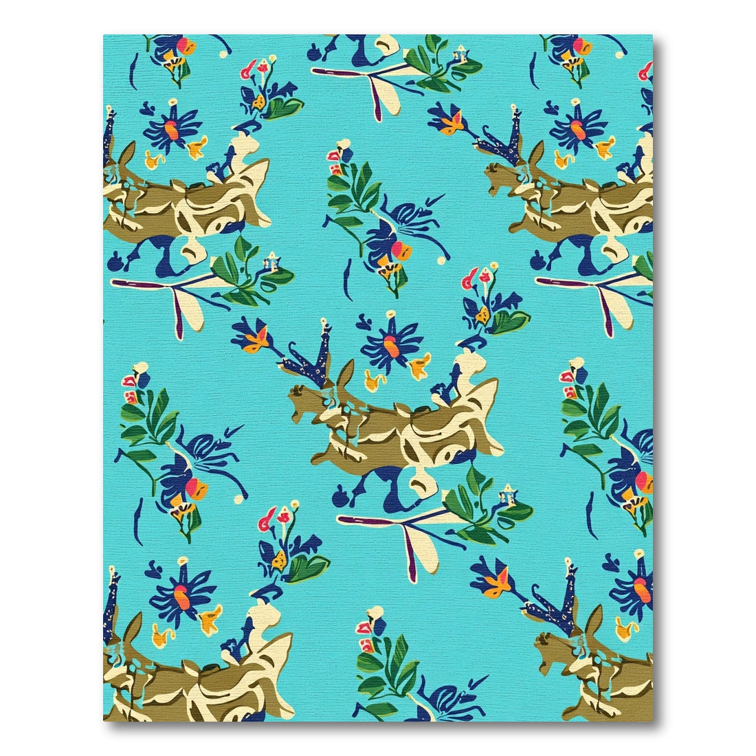 Whimsical Teal Floral Fawn Meadow Rug