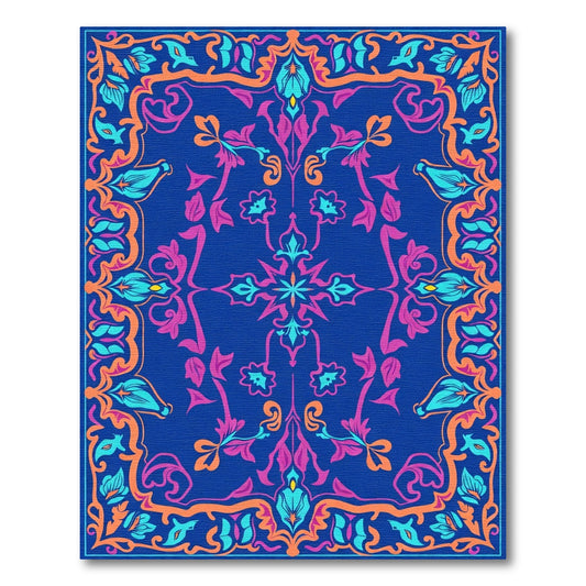 Vibrant Floral Border Indigo Rug