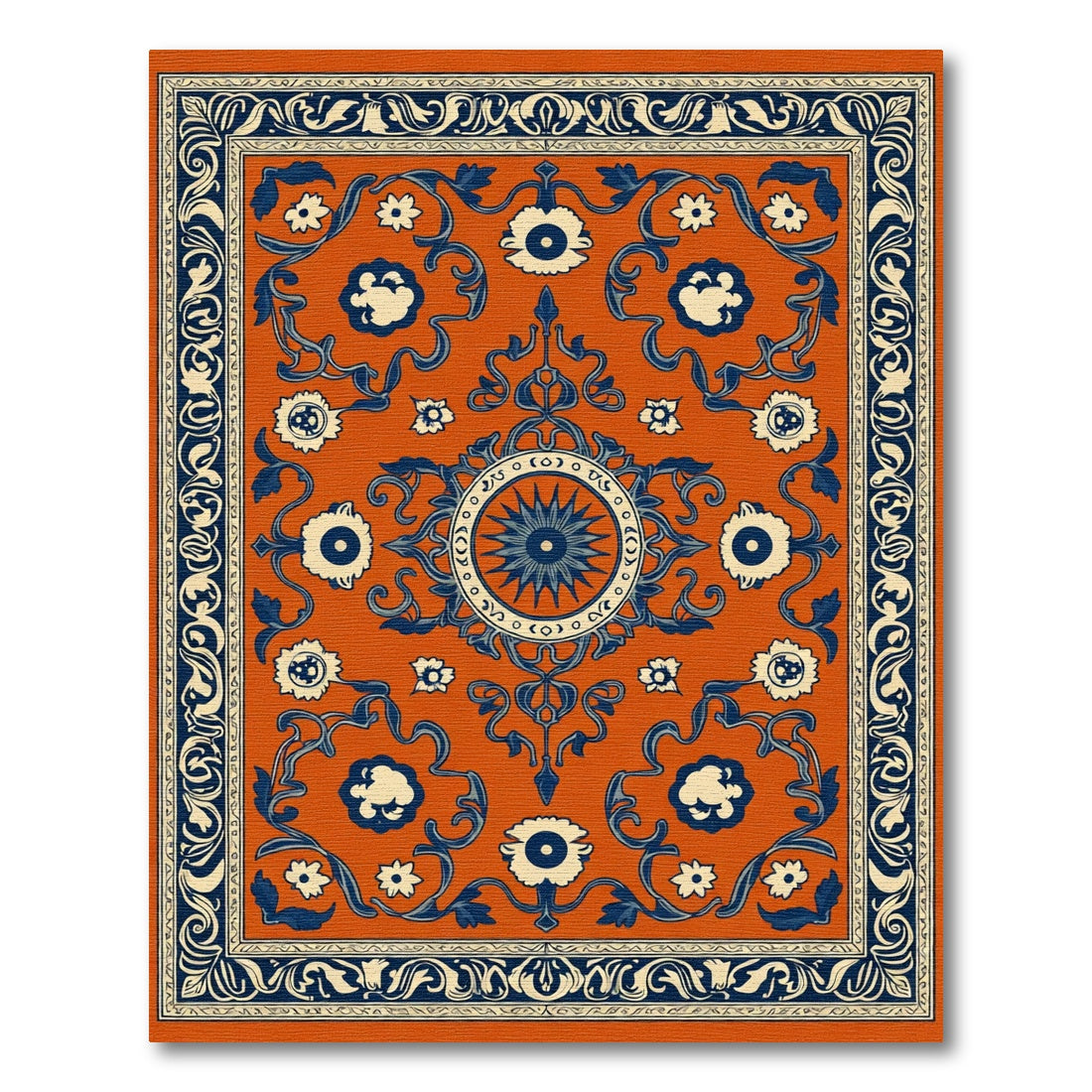Orange Indigo Floral Medallion Statement Rug