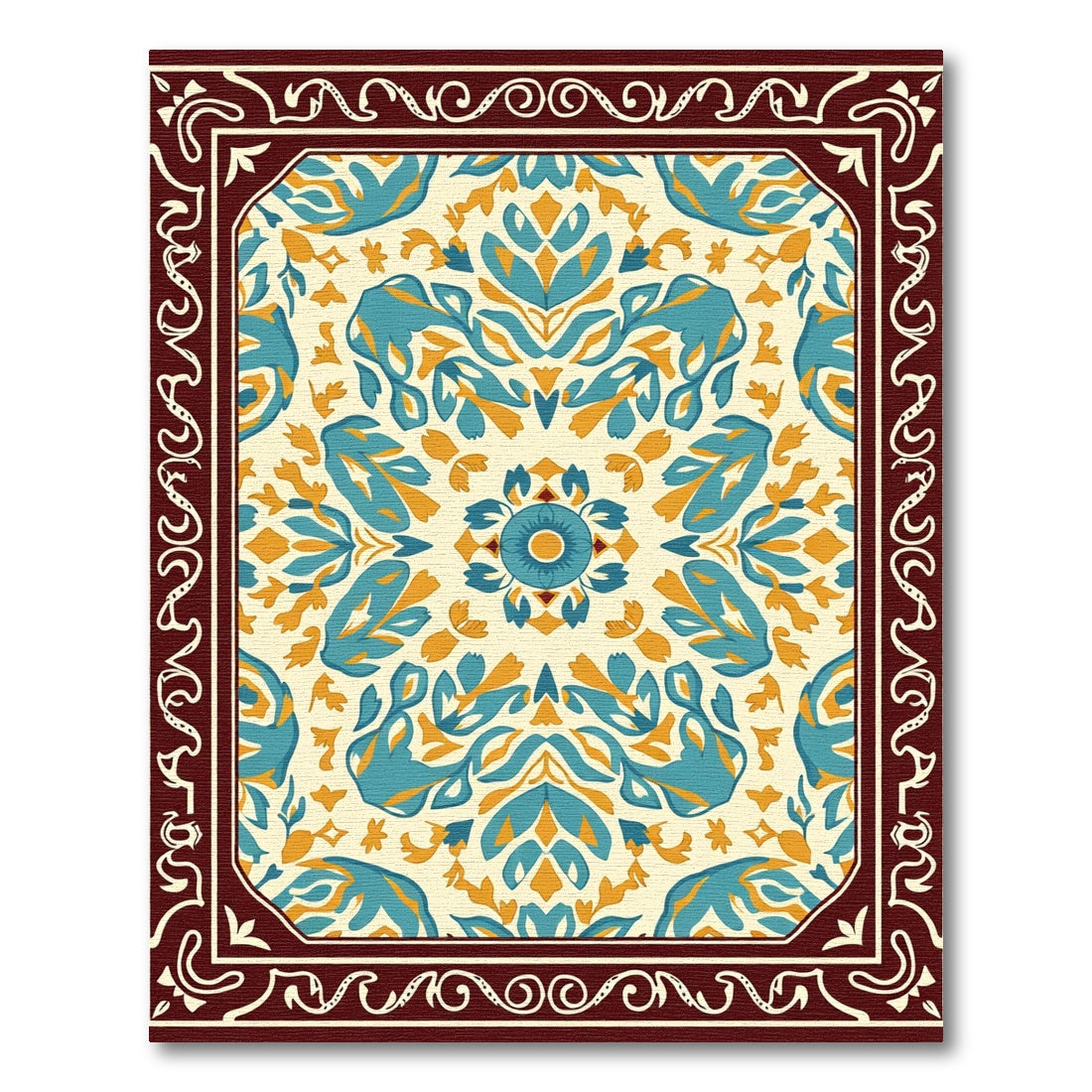 Ethereal Teal Ochre Blossom Symmetry Rug